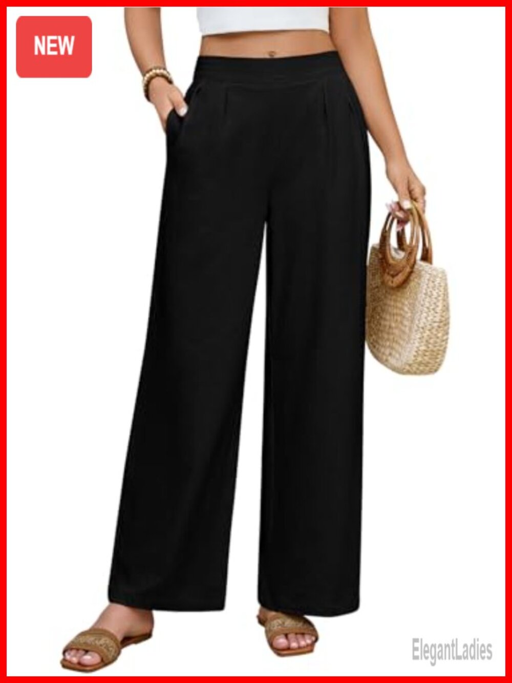 Women's 100% Cotton Wide Leg Palazzo Pants Pleated High Waist Pockets